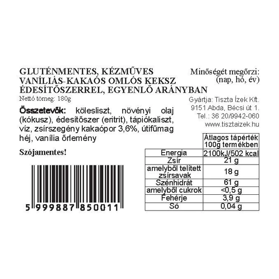 Kakaós-vaníliás omlós keksz 180g Tiszta Ízek gluténmentes, kézműves