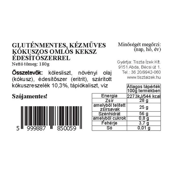 Kókuszos omlós keksz 180g Tiszta Ízek gluténmentes, kézműves