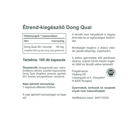 Vitaking Dong Quai 2000mg (100) vegán kapszula (Kínai angyalgyökér)